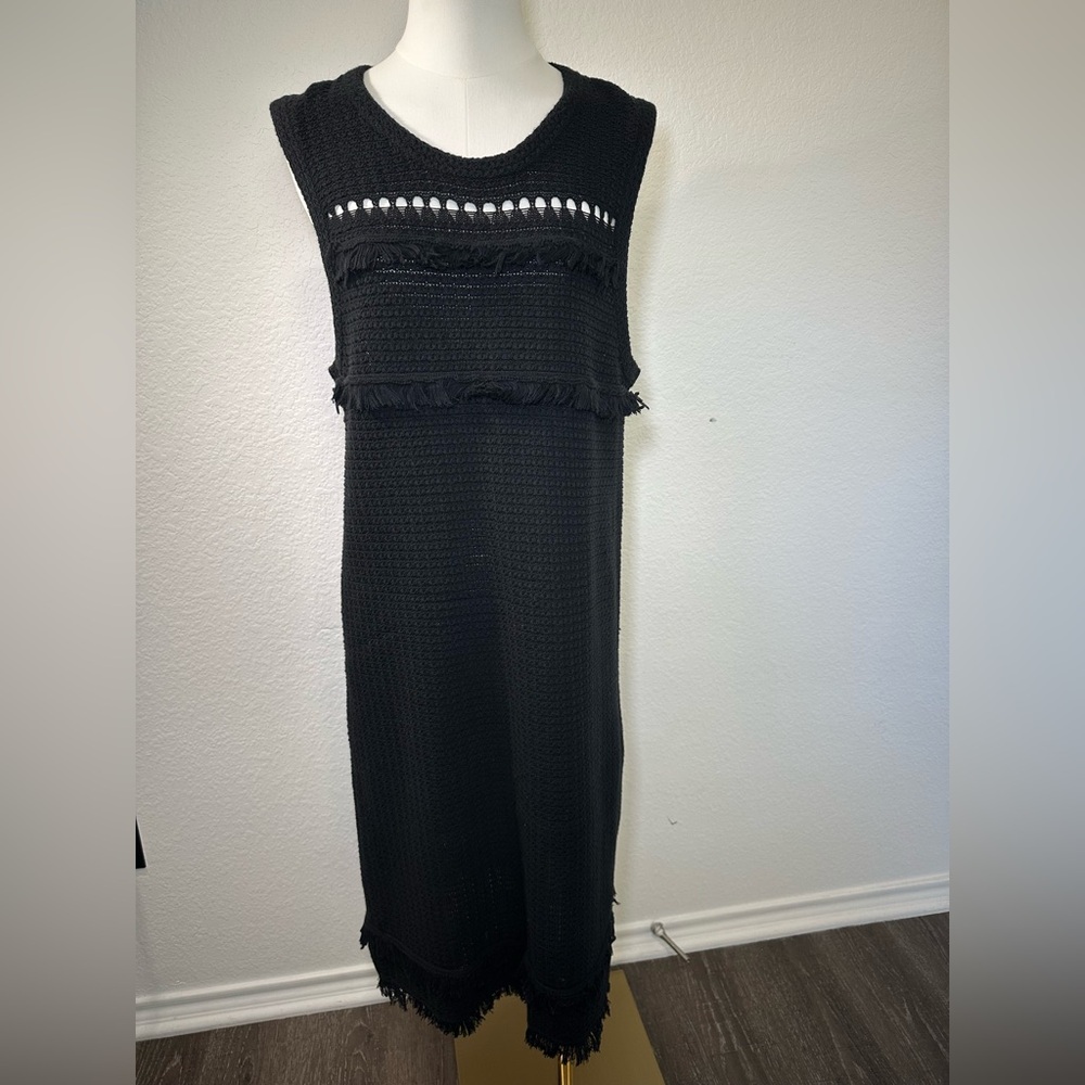 J Crew Women’s Black Waffle Knit Sweater Dress Fringe Tiered